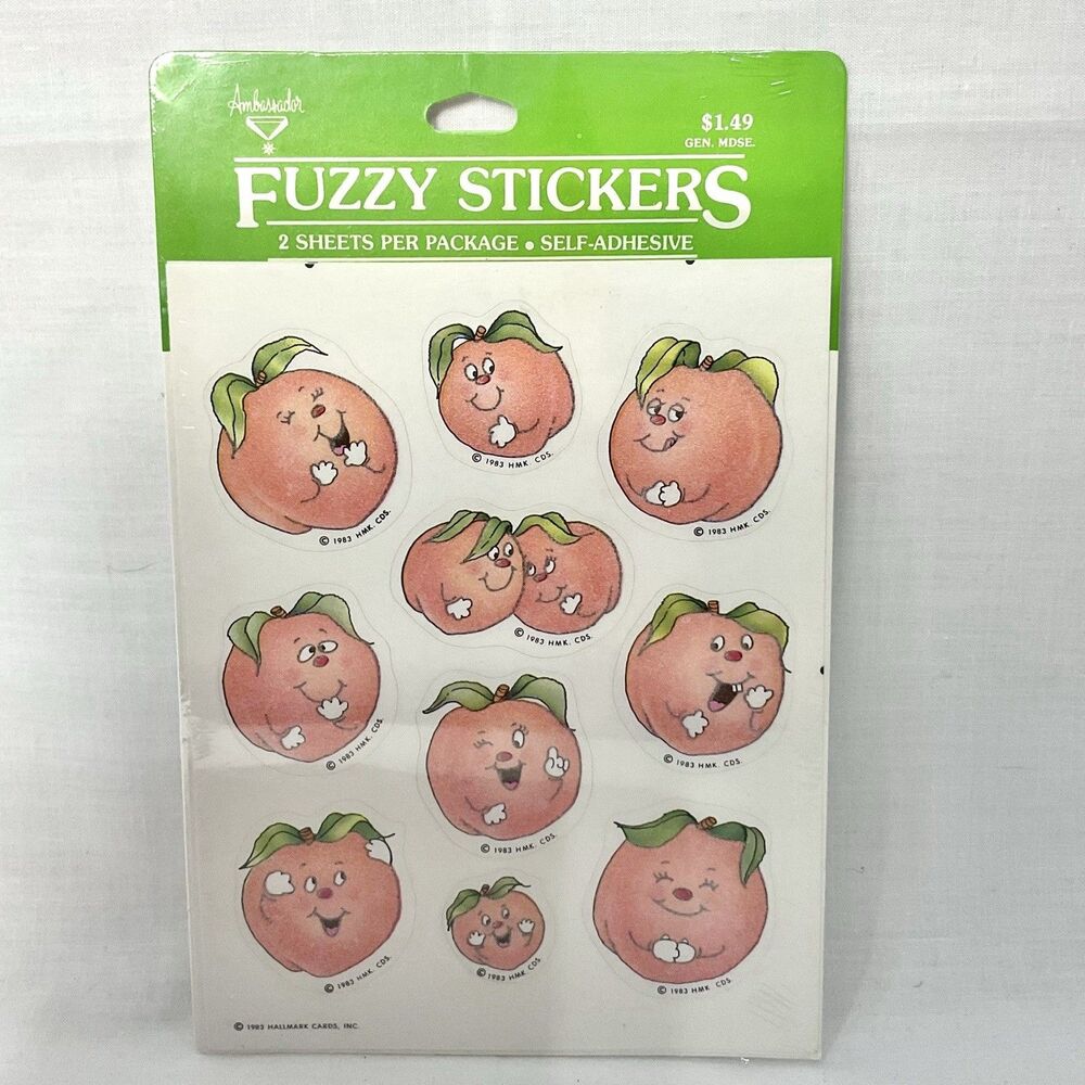 Hallmark Vintage Flocked FUZZY STICKERS PEACHES Anthropomorphic New 1983